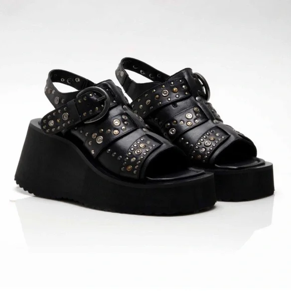 FREE PEOPLE Ace Studded Wedges / Black Leather - Picture 6 of 16